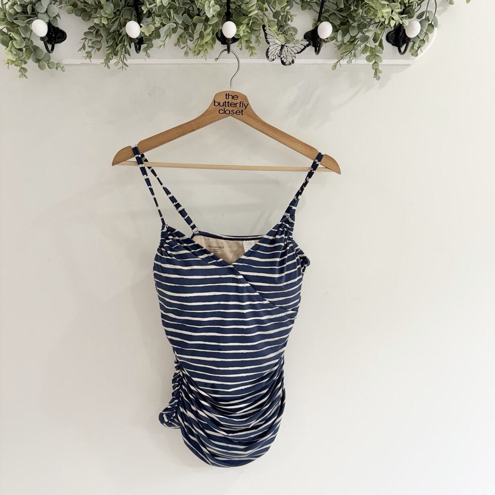 Garnet Hill Navy Blue Striped Ruched Surplice Tankini Swim Top 11 4 size 10